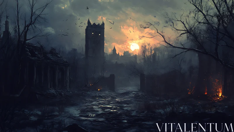 Backlit ruined cityscape with fog, silhouetted spires and residual fires