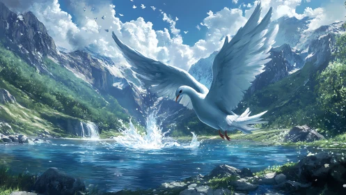 White dove soars above crystal mountain lake in sunlight