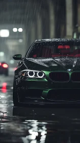 Gleaming green sports car waits confidently in the rainy night