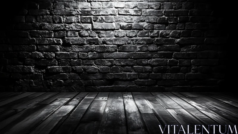 Monochrome brick wall and wooden floor under directed light.