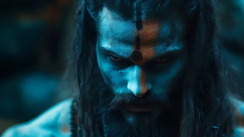 Intense blue-painted warrior gazes downward in mystic focus