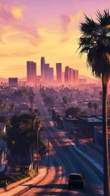 Sunset drive into a dreamlike palm-lined city skyline.