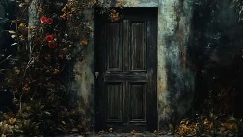 Weathered garden door entwined with roses at dusk.