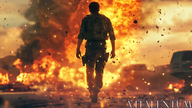 Solitary figure walking through active fire zone.