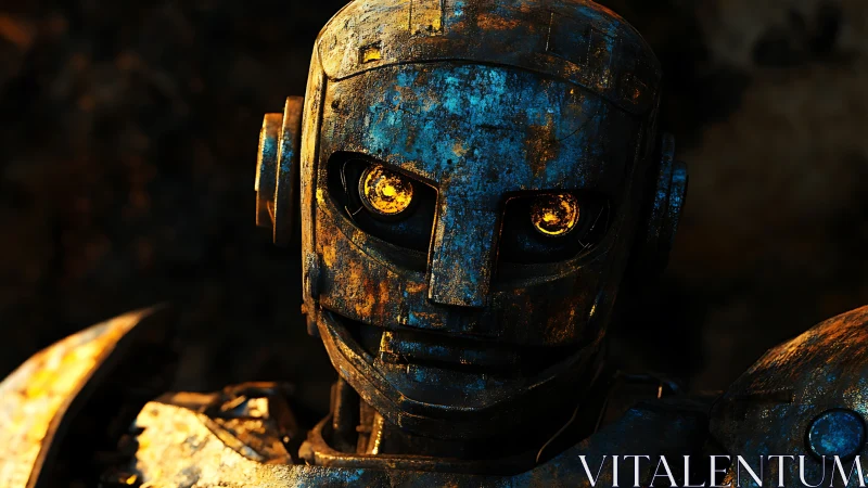 Rust crowned sentinel gazes back with molten ember eyes.