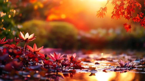 Autumn lotus pond glows under cinematic backlit sunset color