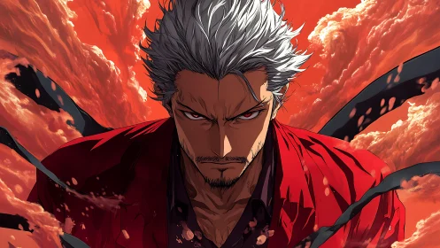 Intense silver‑haired anime warrior advances through turbulent red clouds