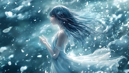 Solitary anime girl drifts through glowing snow petals.