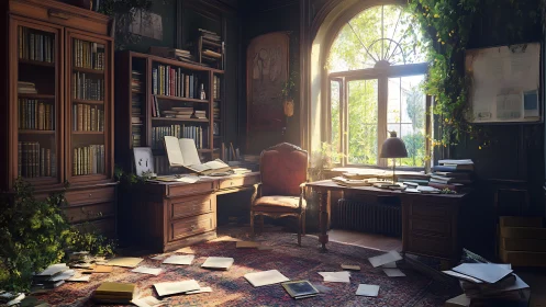 Sunlit study interior shows cluttered desks and wall bookshelves