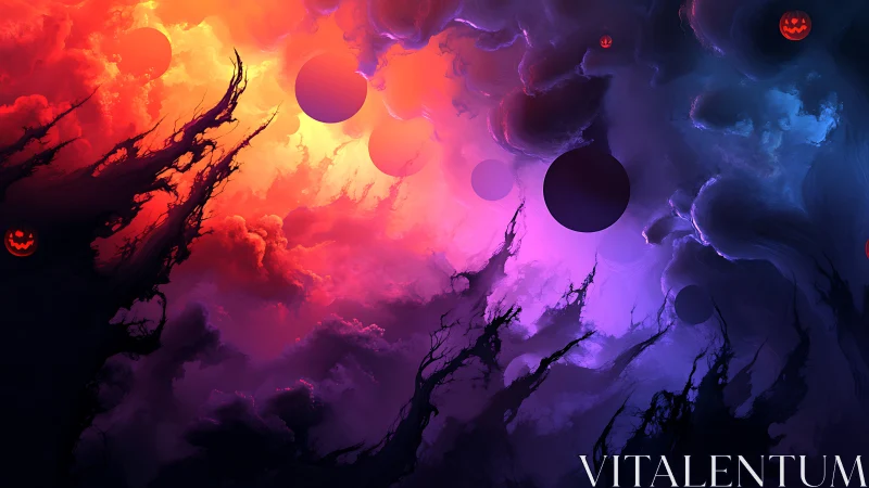 Halloween nebula spheres in blazing dual-color stormscape.