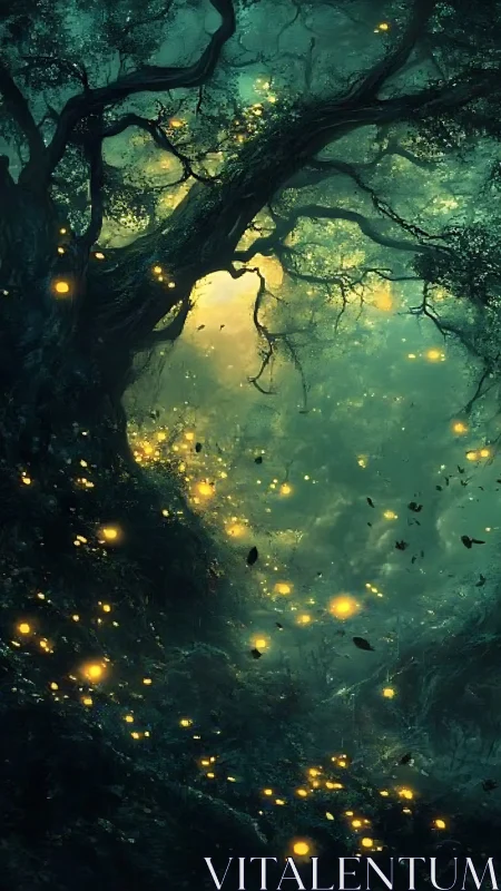 Enchanted forest canopy with bioluminescent golden fireflies.