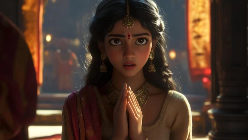 Young devotee gathers courage beneath the palace lanterns