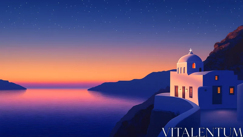 Twilight chapel above serene Aegean bay in glowing dusk.