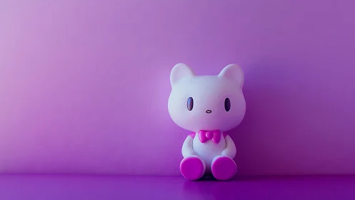 Minimalist pink toy bear sits in soft purple glow.