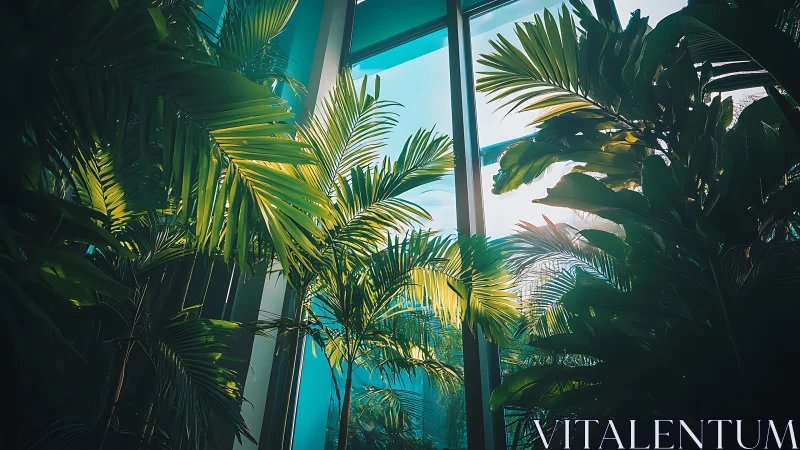 Tall interior palms against high glass windows at dusk.