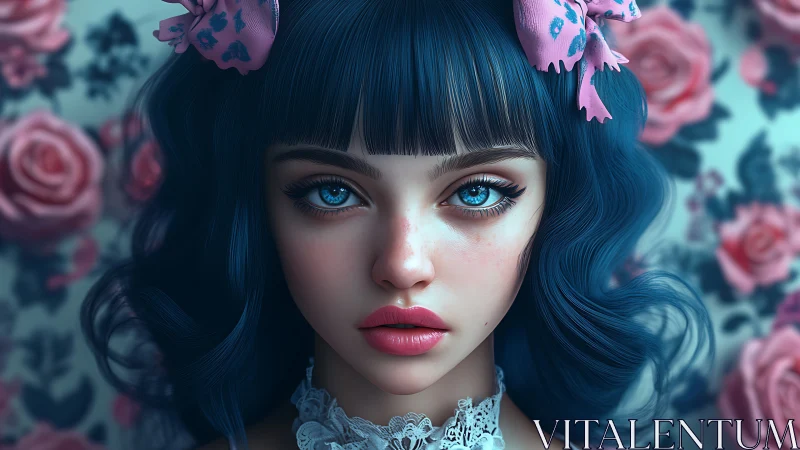 Chromatic portrait of blue‑haired dollface amid floral bokeh.