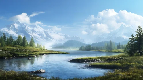 Glacial alpine lake with volumetric light and pine littoral zone.