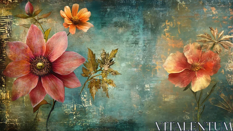 Vintage Botanical Study with Distressed Gold Patina.