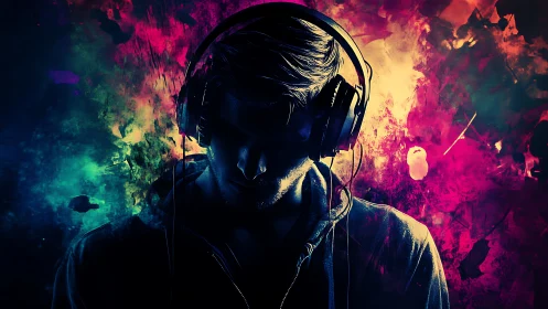 Silhouetted man in headphones stands before neon color burst