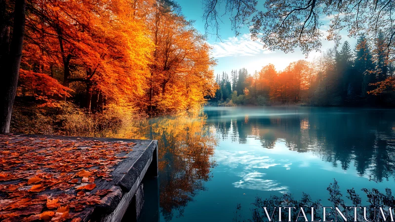 Peaceful autumn lake with glowing trees and quiet dock.