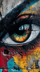 Textured graffiti eye mural with high-contrast chromatic detailing.