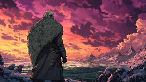 Solitary cloaked figure overlooking icy coast at sunset.