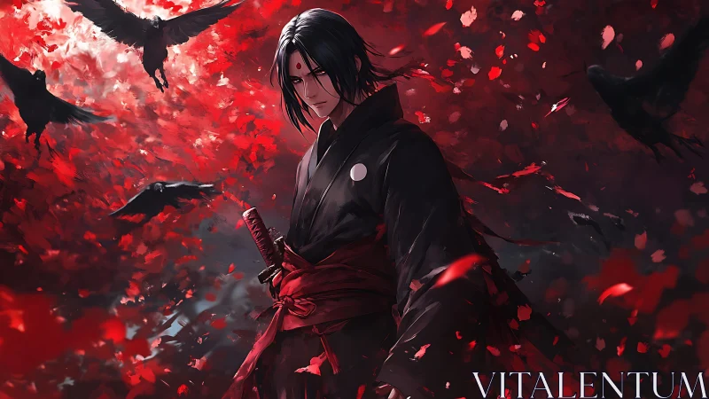 Stoic swordsman stands amid crimson crows and petals.