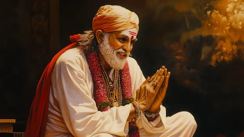 Elderly man in traditional robes sits with folded hands
