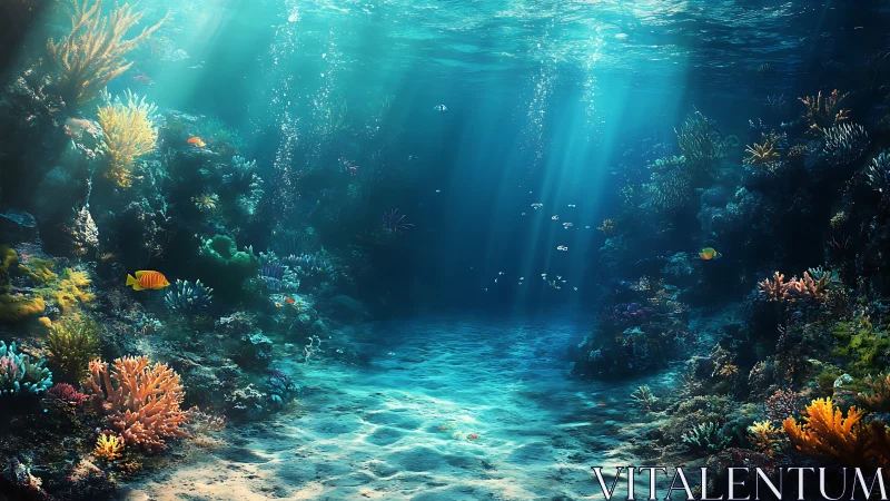 Sunlit coral reef scene shows fish swimming through clear water