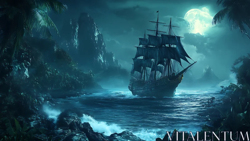 Moonlit galleon navigates turbulent tropical strait in teal haze