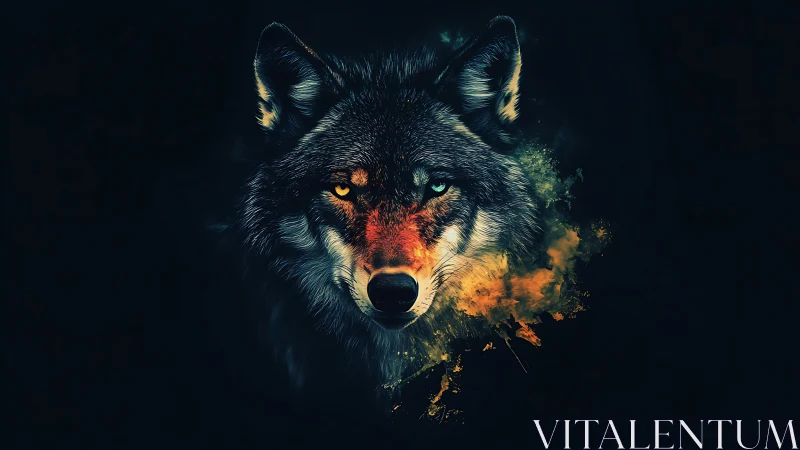 Digital wolf portrait uses bilateral color contrast and darkness