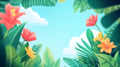 Illustrated tropical foliage frame with stylized flowers.