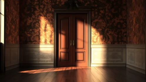 Sunlit wooden door dividing a richly patterned corridor.