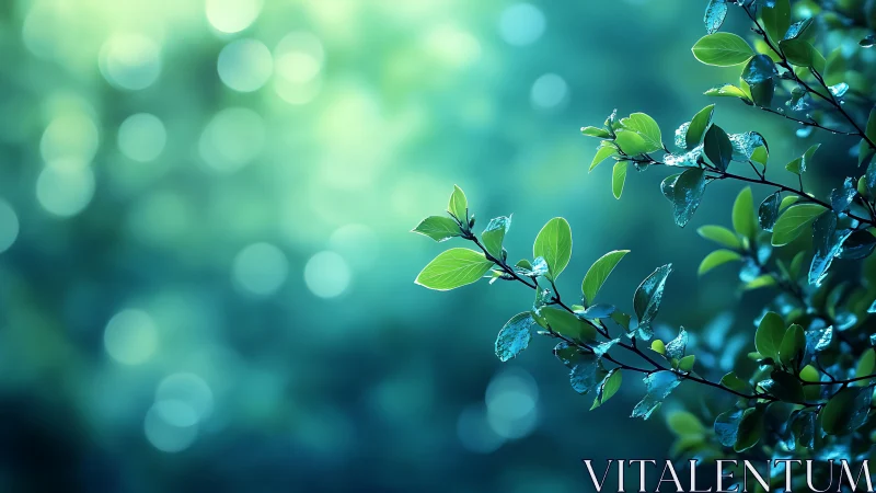 Dewy green leaves on branch in dreamy bokeh forest background.