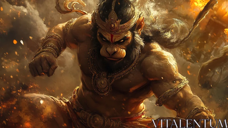 Mythic warrior monkey charges through blazing battlefield