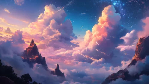 Vast cloudscape over sharp mountains at colorful dusk.