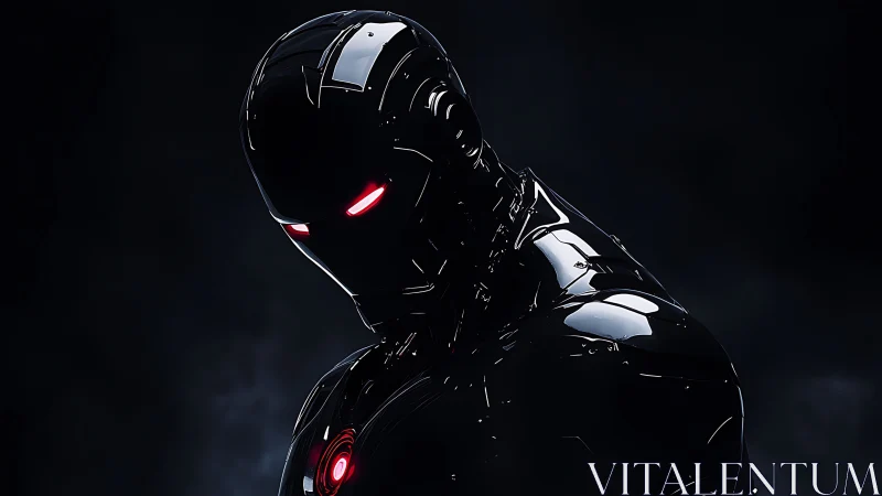 Black armored humanoid robot with red illuminated eyes.
