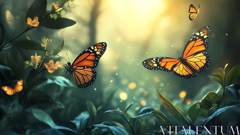 Monarch butterflies drift through sunlit forest clearing