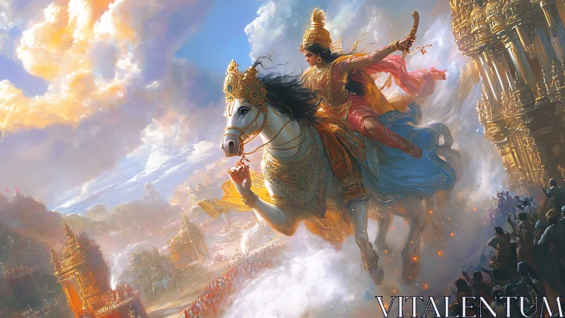 Divine warrior on celestial horse above golden temple city