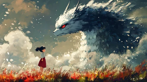 Girl facing large wolf spirit in stormy painted field.