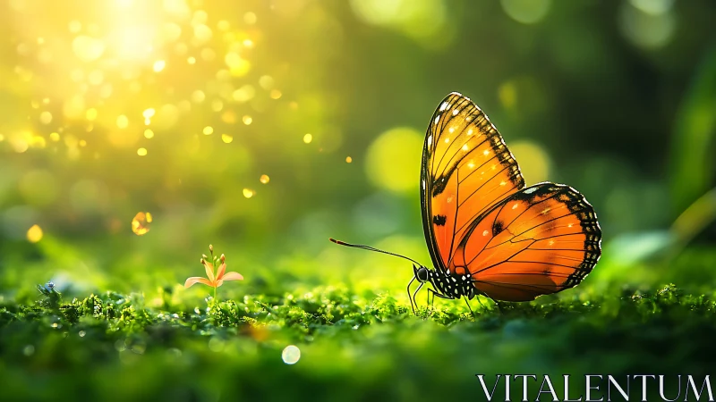 Sunlit orange butterfly resting in a tiny glowing garden.