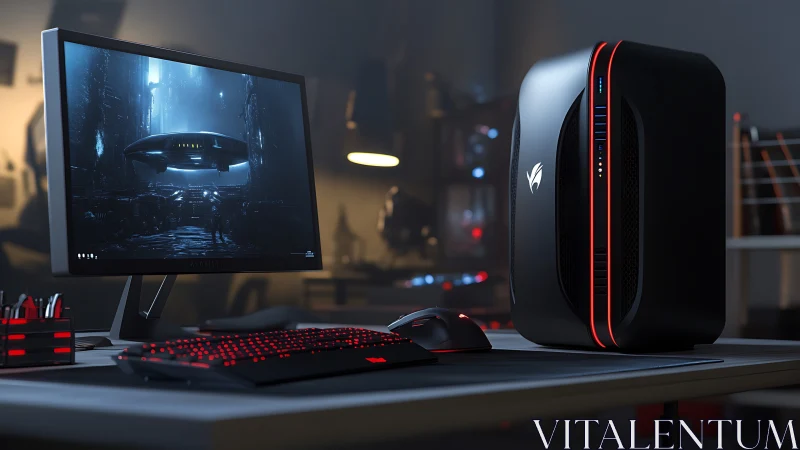 Gaming desktop setup glows with red accent lighting.
