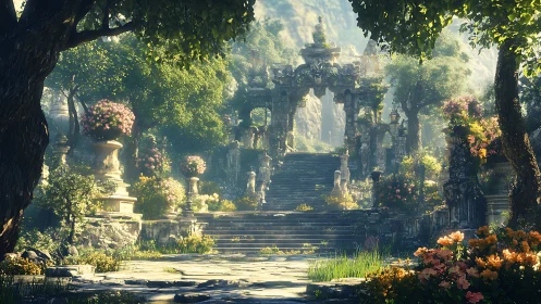 Sunlit ruins and blooming garden form a serene fantasy sanctuary