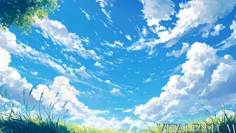 Summer field under towering clouds and vivid blue sky.