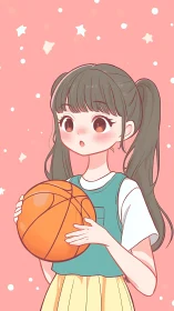 Anime girl with basketball rendered in soft pastel tones