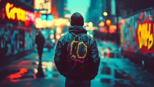 Person in hooded jacket walks alone through neon city street
