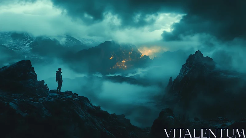 Lone hiker surveys misty mountains above distant burning valley