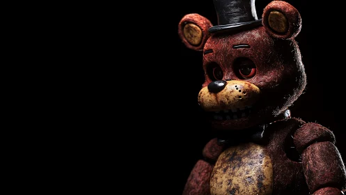 Worn animatronic bear character in dramatic shadowed lighting.