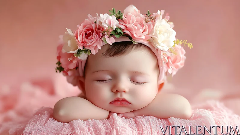 Infant portrait with floral crown arrangement.
