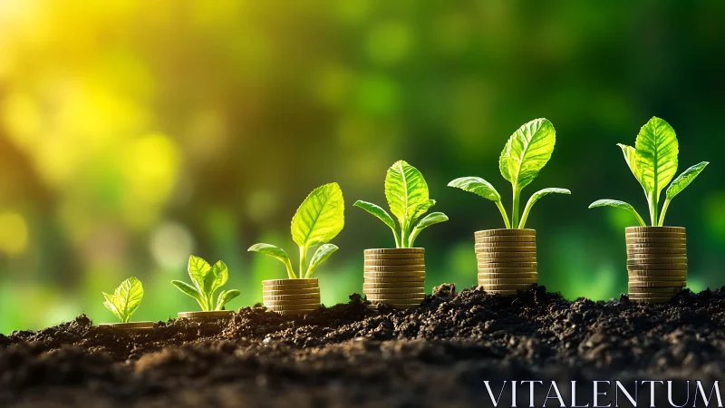 Photorealistic coin stacks with seedling growth sequence illustration.